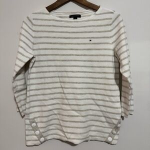 Tommy Hilfiger Cream and Tan Nautical Striped Long Sleeve Top